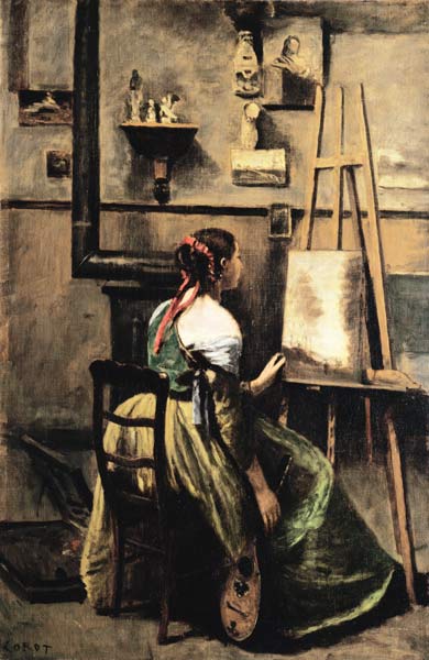 The Studio of Corot, or Young woman seated before an Easel, 1868-70 (oil on canvas) from Jean-Baptiste-Camille Corot