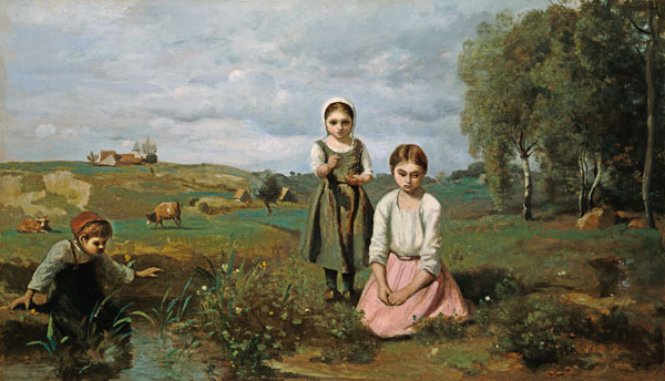 Children beside a brook in the countryside, Lormes (oil on canvas) from Jean-Baptiste-Camille Corot