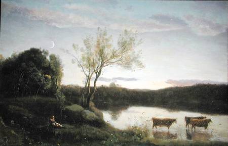 A Pond with three Cows and a Crescent Moon from Jean-Baptiste-Camille Corot