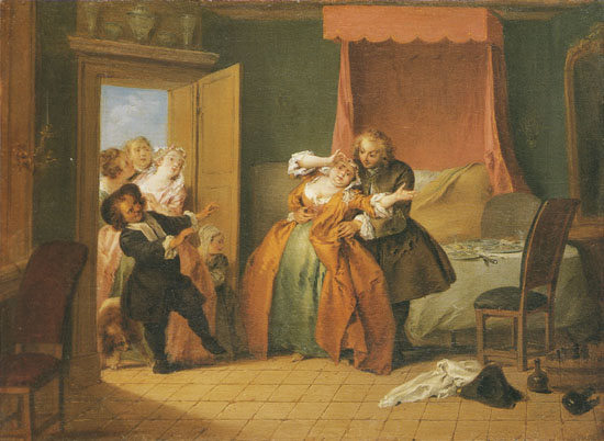 Madame Bouvillon opens the door for Ragotin who causes a swelling on her brow from Jean-Baptiste Joseph Pater