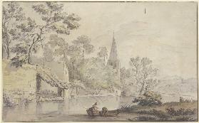 Kirchturm und einige Gebäude an einem Wasser, vorne zwei Frauen in einem Kahn