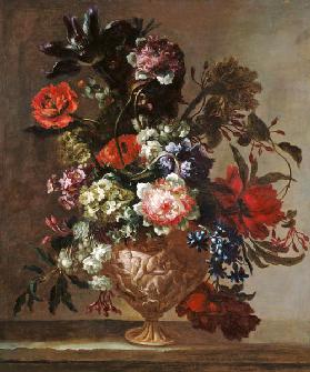 Still life of flowers in a sculpted vase