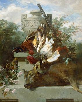 Hunting still life with birds, deer and flowers