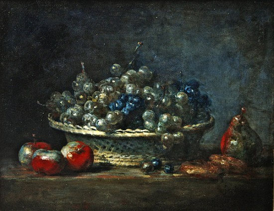 Still life: grape basket with three apples, a pears and two marzipans from Jean-Baptiste Siméon Chardin