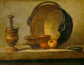Still life with pestle, bowl, two onions, pan and knife