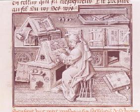 Ms 9198 f.19 The copyist Jean Mielot (fl.1448-68) working in his scriptorium, from ' Life and Miracl