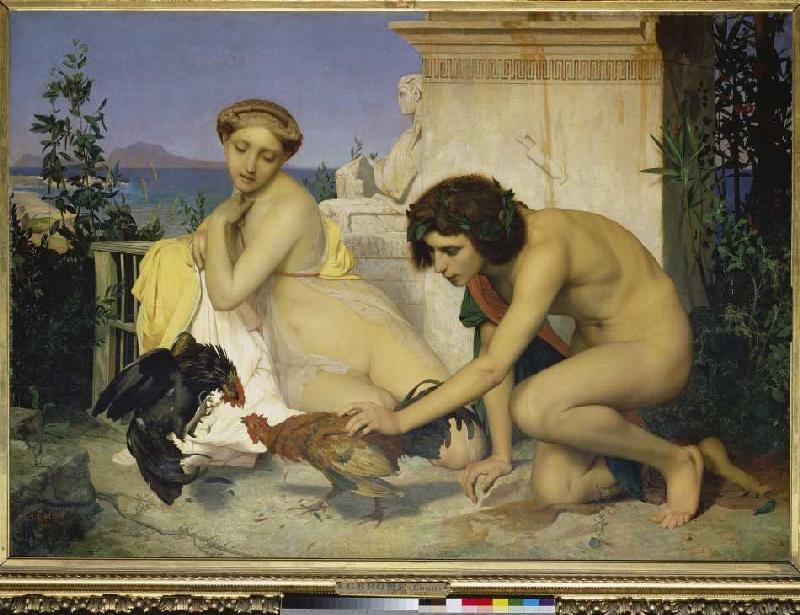 Young Greek couple and fighting roosters from Jean-Léon Gérome