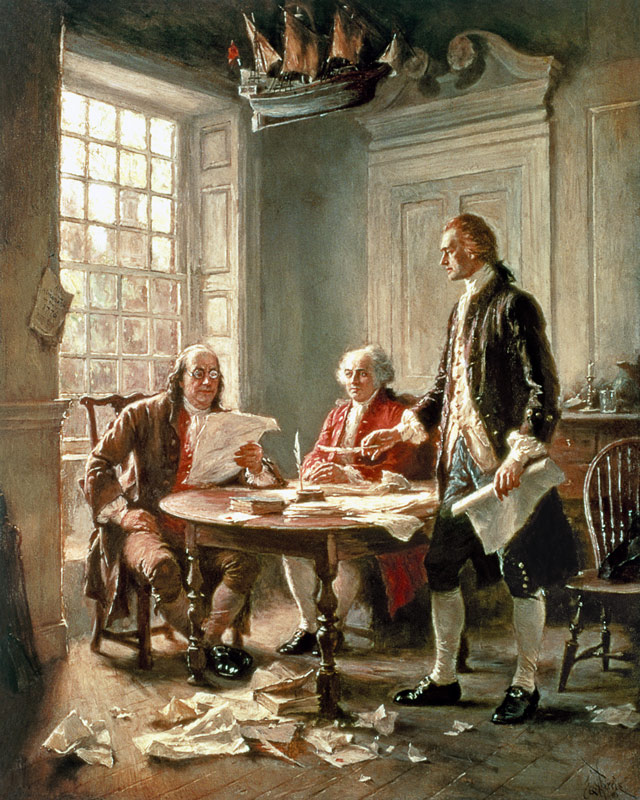 The Drafting of the Declaration of Independence in 1776: (LtoR) Benjamin Franklin (1706-90) from Jean Léon Gérôme Ferris