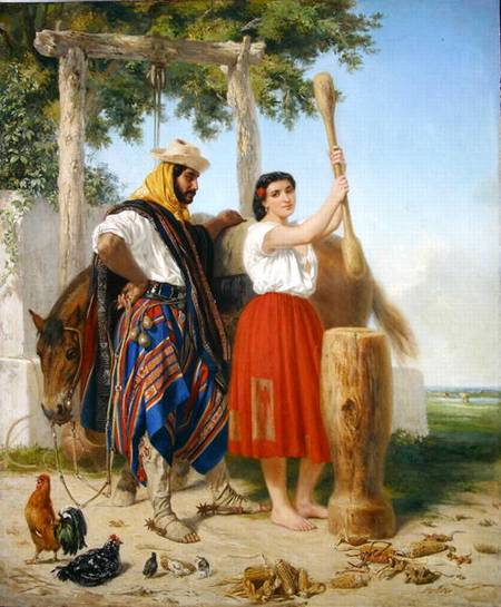 The pounding of the corn; Spanish American Scene from Jean-Leon Palliere