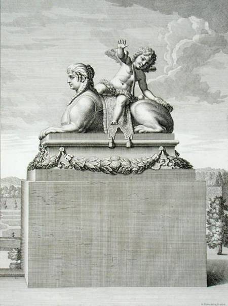 Figure of a sphinx in white marble, carrying a bronze Cupid, at Versailles, 1676, from 'Vues et Plan from Jean Lepautre