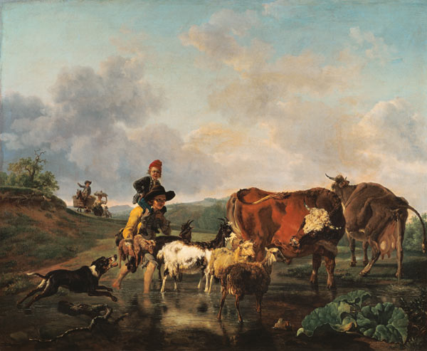 Smallholder with herd when passing through a river. from Jean-Louis Demarnette Demarne