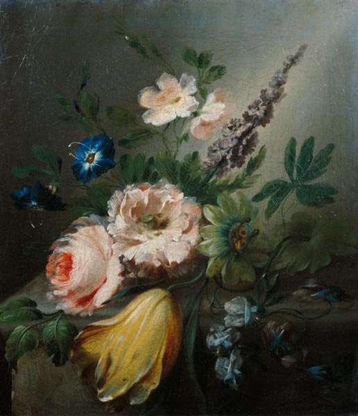 Still life of roses, passion flowers, a tulip and other flowers on a stone ledge from Jean Louis Prevost