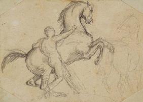 Rearing stallion held by a nude man (pencil)