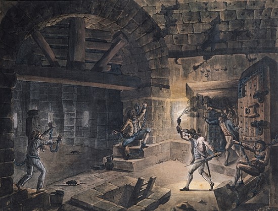 View of a cell in the Bastille at the moment of releasing prisoners on 14th July, 1789 (pen, ink & g from Jean-Pierre Houel