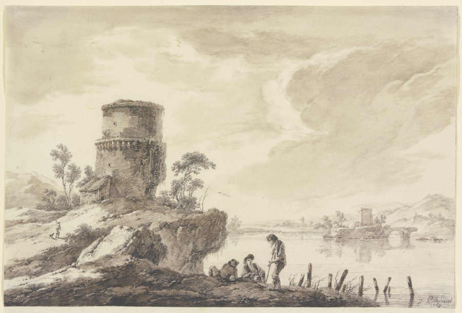 Flußgegend, im Vordergrund ein runder, im Mittelgrund auf einer Insel ein viereckiger Turm, mit Ruin from Jean Pillement