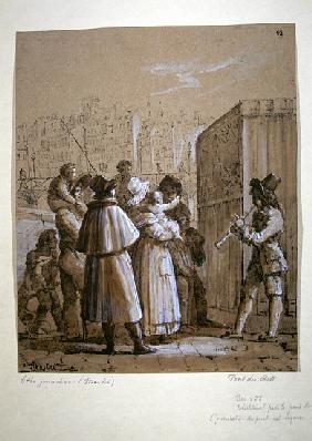 Spectators watching a Pulcinella show near the Pont des Arts in Paris