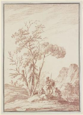 Drei Figuren unter einer Baumgrupppe