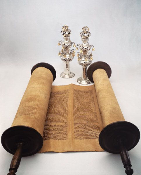 Torah scroll with Silver Crown finials (paper, wood & silver) from Jewish School