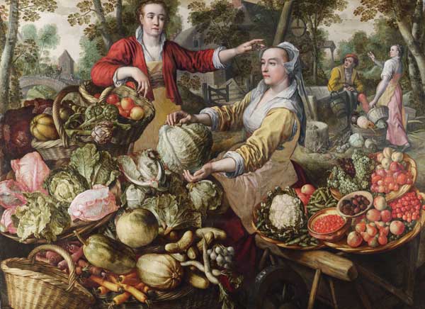 The Four Elements: Earth. A Fruit and Vegetable Market with the Flight into Egypt in the Background from Joachim Beuckelaer