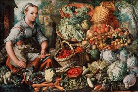 Fruit and vegetable still life with market woman.