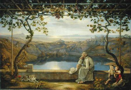 Monk sitting on a Terrace overlooking Lake Nemisee from Joachim Faber
