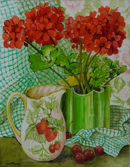 Red geranium with the strawberry jug and cherries from Joan  Thewsey