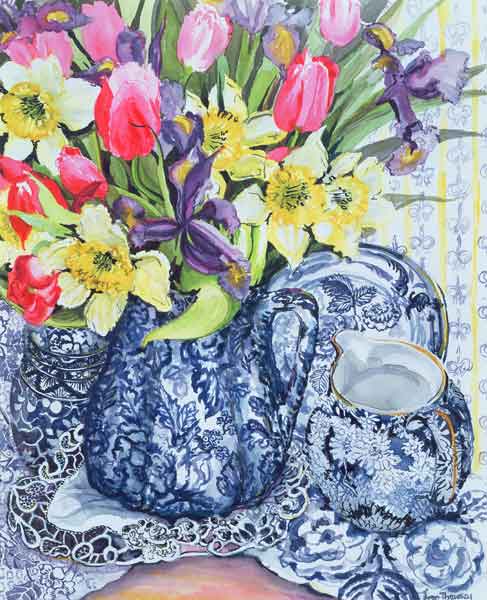 Daffodils, Tulips and Irises with Blue Antique Pots (w/c)  from Joan  Thewsey