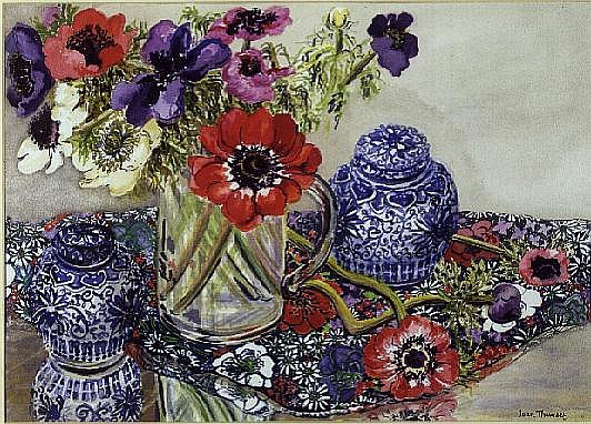 Anemones with Blue and White Pots (w/c)  from Joan  Thewsey