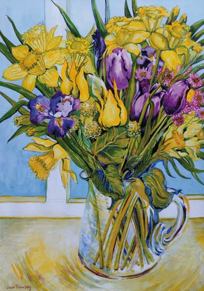 Daffodils and tulips in a glass jug by a window from Joan  Thewsey