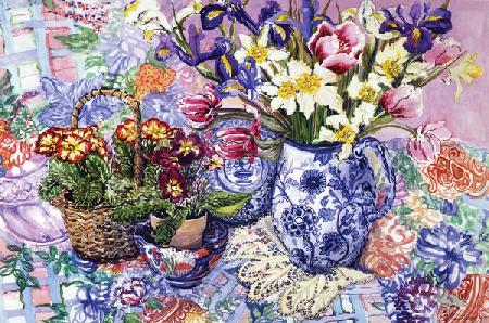 Daffodils, Tulips and Iris in a Jacobean Blue and White Jug with Sanderson Fabric and Primroses