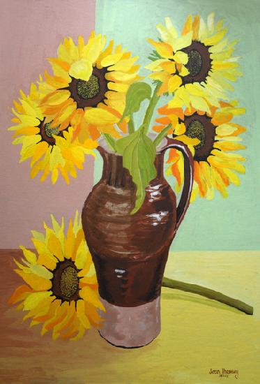 Five Sunflowers in a Tall Brown Jug