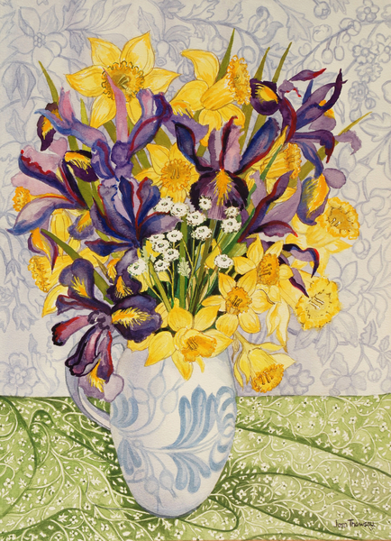 Iris and Daffodils with Patterned Textiles from Joan  Thewsey