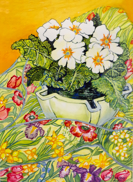 Pale Primrose in a Pot with Spring-flowered Textile from Joan  Thewsey