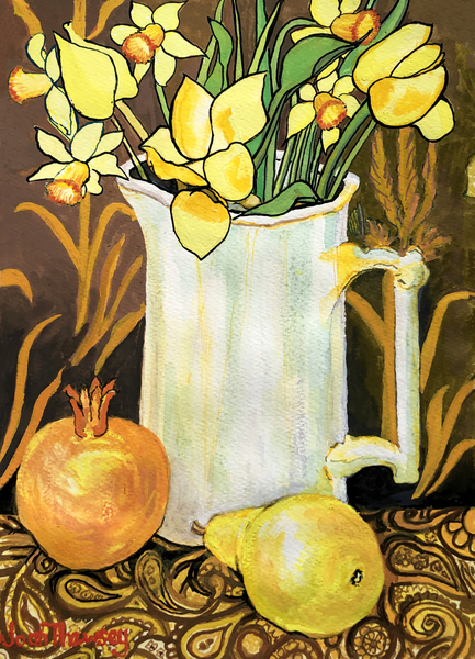 Tulips and Daffodils in a White Jug, with textiles, pomegranate and pear from Joan  Thewsey