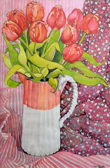 Tulips in a Pink and White Jug