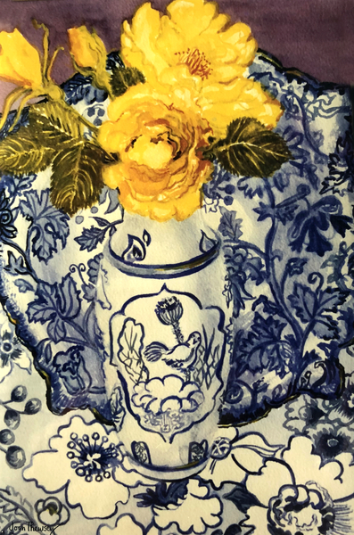 Yellow Roses in a Blue and White Vase with Patterned Blue and White Textiles from Joan  Thewsey