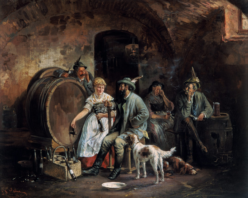 Zecherei in the wine cellar when filling the wine bottles from Johann Adalbert Heine