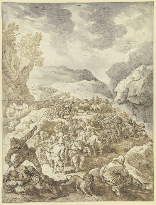 Ein großer Zug von Männern zu Fuß und zu Pferde durch eine Felsschlucht from Johann Albrecht Dietzsch