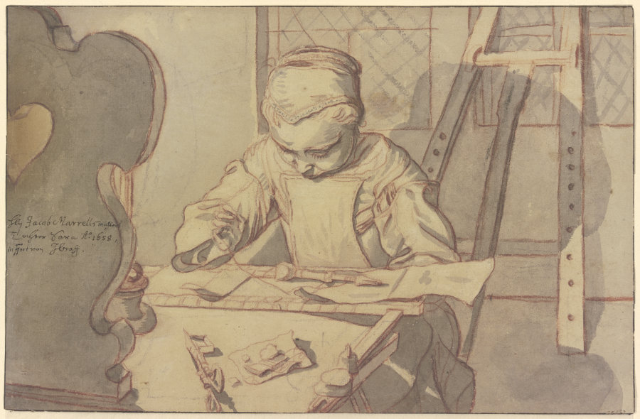 Sara Marrel, seated at a table and engaged in embroidery from Johann Andreas Graff