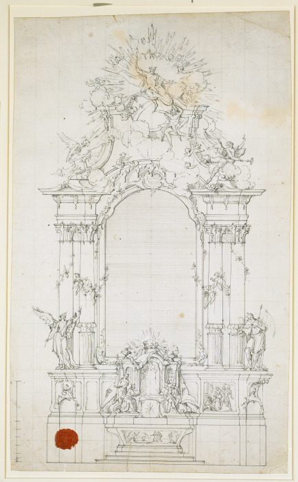 Altarentwurf: Je zwei glatte Säulen tragen den Auszug mit Gottvater und Engeln, neben den Säulen zwe from Johann Baptist Straub