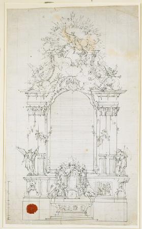 Altarentwurf: Je zwei glatte Säulen tragen den Auszug mit Gottvater und Engeln, neben den Säulen zwe