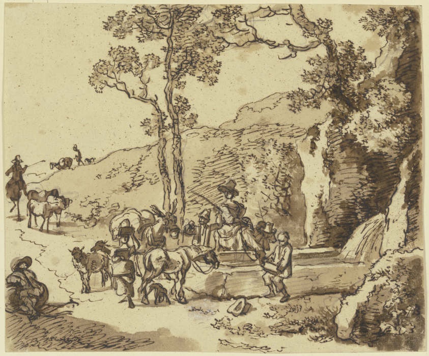 Hirtenszene an einem Brunnen, Schafe und Maulesel nähern sich der Tränke, an der eine Reiterin ihr P from Johann Christian Klengel