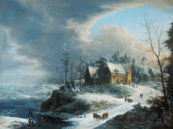 Winter landscape with a small village over a river having been cold.