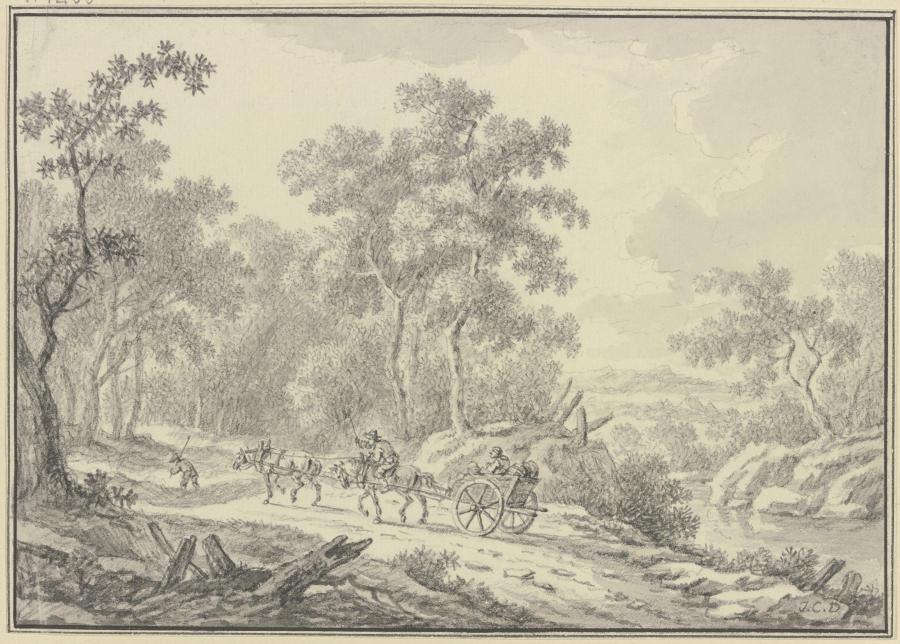 Auf einem Waldweg fährt ein zweirädiger Karren mit zwei hintereinander gespannten Pferden from Johann Christoph Dietzsch
