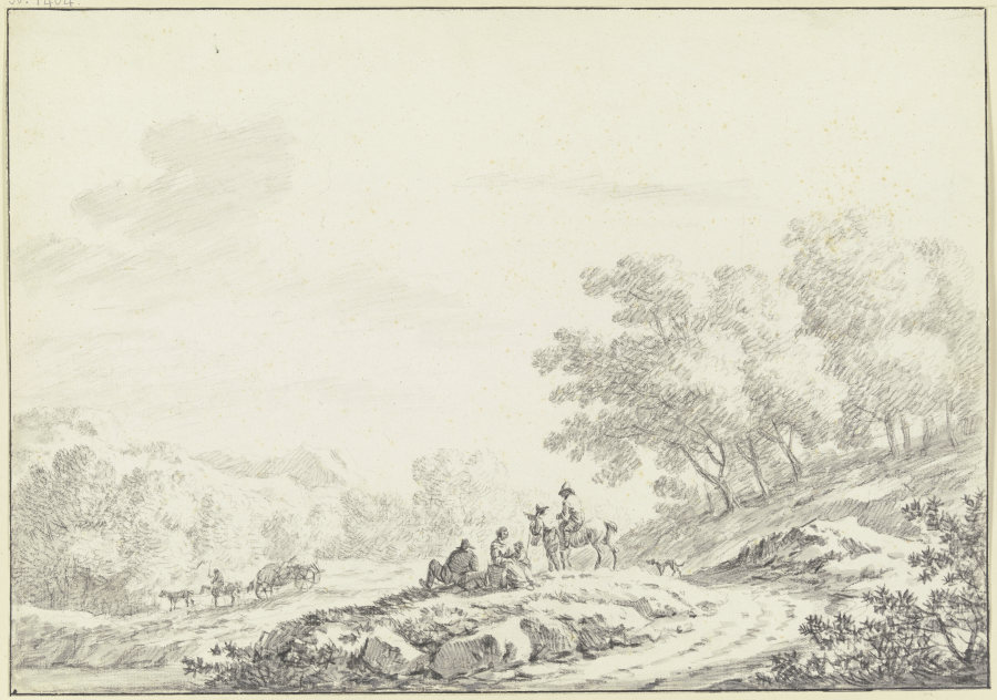 Hügelige bewaldete Landschaft, im Vordergrund neben einem Weg eine Gruppe von ruhenden Landleuten mi from Johann Christoph Dietzsch