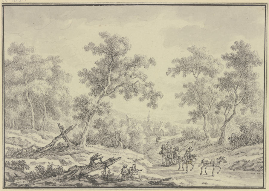 Waldlichtung mit Durchblick auf Häuser und ein Kirchlein, auf dem Weg vorne eine sitzende Frau mit e from Johann Christoph Dietzsch