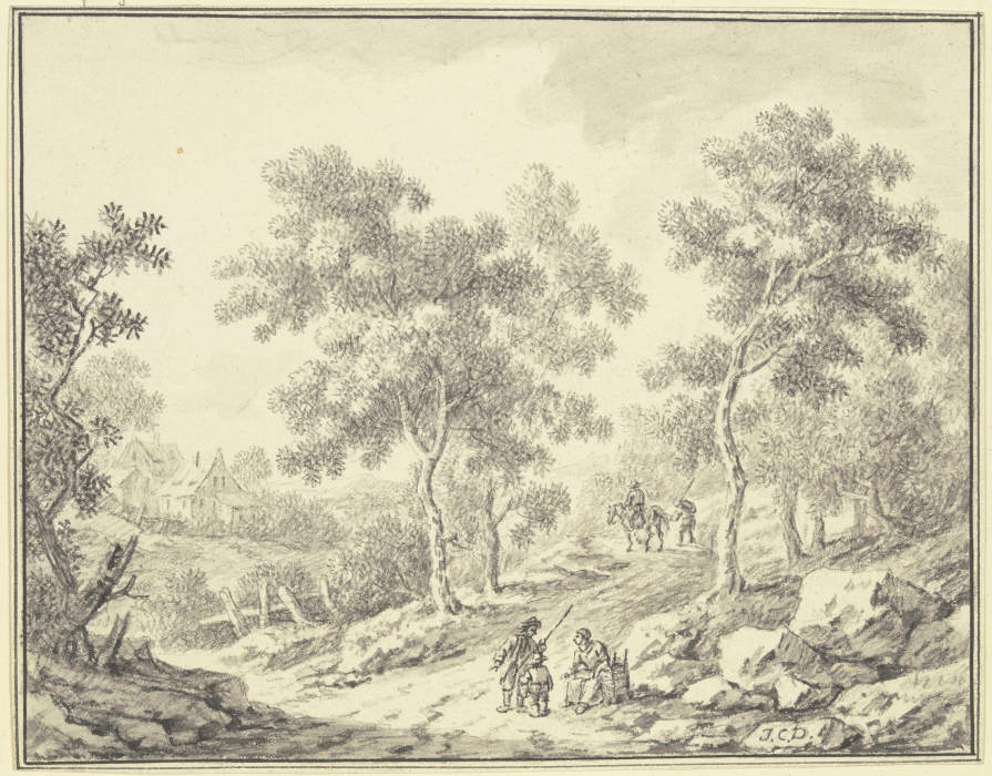 Waldweg, links Durchblick auf ein Gehöft, im Vordergrund eine sitzende Frau mit einer Kiepe und ein  from Johann Christoph Dietzsch
