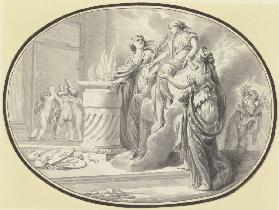 Eine Vestalin zwischen zwei Gefährtinnen vor einem Altar von einer Wolke herabsteigend, im Hintergru