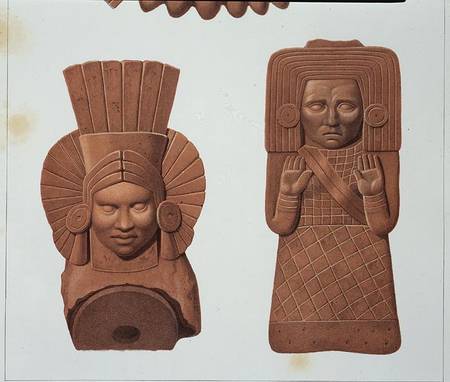 Two terracotta figures of women from Palenque, plate from 'Ancient Monuments of Mexico', engraved by from Johann Friedrich Maximilian von Waldeck