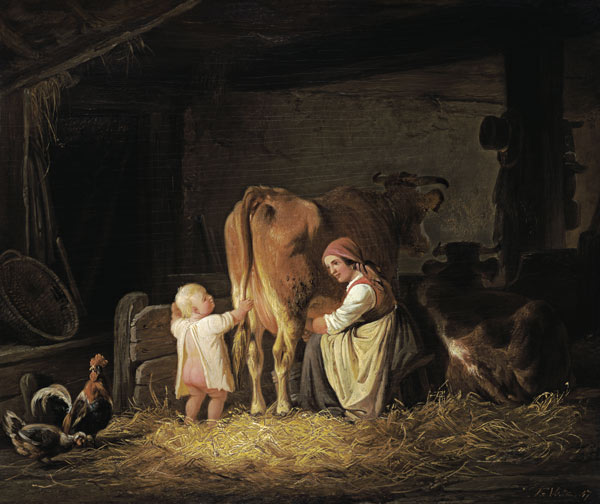 Young farmer with child when milking from Johann Friedrich Voltz